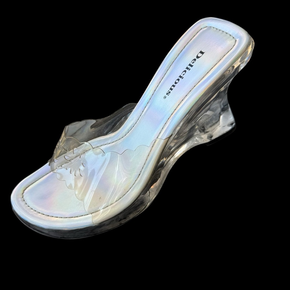 Sz 8.5 90s/Y2K Clear Chunky Acrylic 4” Block Heels Holographic Open Toe Vintage - Picture 5 of 13